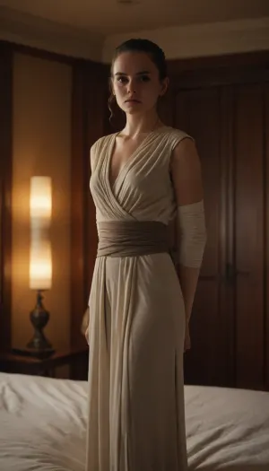Rey skywalker, very cute beautiful, bedroom. Beautiful face, very resembling, rey's haircut, undressing for viewer, full body view