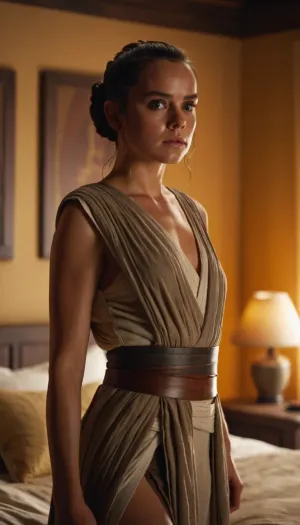 Rey skywalker, very cute beautiful, bedroom. Beautiful face, very resembling, rey's haircut, undressing for viewer, full body view
