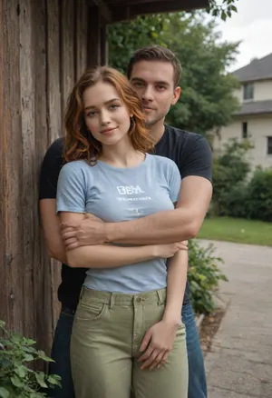 is holding, She is positioned slightly to the left of center in the image, and is facing forward, looking down . A man is behind the girl, his arms are around her, standing very close, (((He is fully dressed))), (((She is fully dressed))), She has shoulder-length dark ginger vawy thick and lush hair and is wearing a blue t-shirt and a green shorts. She appears to be of average build, 160 cm tall. The woman is smiling peacefully. The man’s expression is gentle. He is wearing house pants and a t-shirt, man is 35 yo, man is 175 cm tall, she is 35 yo, She has a large breast, (((D cup))), <lora:SDXL1.0-LoRa_Zeitgeist-Series-by-AI_Characters_Style_Photographic-v2.0:1.5>, NEGATIVE_HANDS, hugging, <lora:HandFineTuning_XL:.8>