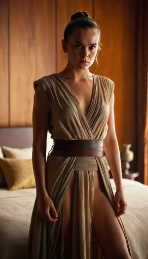 Rey skywalker, very cute beautiful, bedroom. Beautiful face, very resembling, rey's haircut, undressing for viewer, full body view