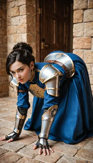 side view, robotic warrior step sister compact body, force glair, warriors spirit, energized body, perky, diagonally on all fours bulldog posture, curled toes, robotic enhanced clothing, fully clothed, medieval world, cheating robotics technology fantasy world