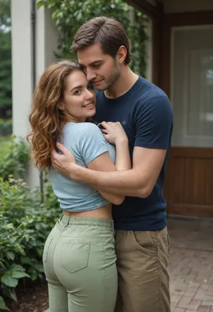 is holding, She is positioned slightly to the left of center in the image, and is facing forward, looking down . A man is behind the girl, his arms are around her, standing very close, (((He is fully dressed))), (((She is fully dressed))), She has shoulder-length dark ginger vawy thick and lush hair and is wearing a blue t-shirt and a green shorts. She appears to have an average, a little plump broad build. 160 cm tall. The woman is smiling peacefully. The man’s expression is gentle. He is wearing house pants and a t-shirt, man is 35 yo, man is 175 cm tall, she is 35 yo, She has a large breast, (((E cup))), <lora:SDXL1.0-LoRa_Zeitgeist-Series-by-AI_Characters_Style_Photographic-v2.0:1.5>, NEGATIVE_HANDS, hugging, <lora:HandFineTuning_XL:.8>