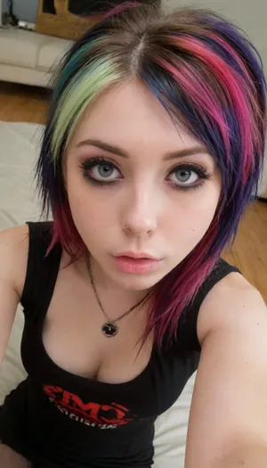 ziprealism, (medium full shot, high angle shot, focus on eyes), sharp focus, (perfect eyes, stunning eyes, vivid eyes:1.4), (emo girl, emo hairstyle, two-tone hair, alt girl, emo style, emo esthetic, band t-shirt, tight tahirt:1.6), (intimate bedroom scene, pouting expression, off the shoulder), (large breasts, soft breasts, pale breasts, cleavage:1.4), igbaddie, <lora:add-detail-xl:1.2>, <lora:igbaddie-XL:.4>, cum, on, face, <lora:JustCum:.8>, BlowjobTopofHeadPOVQuiron, pose, blowjob, penis, woman, with, a, in, her, mouth, <lora:SDXL1.0_quiron_BlowjobTopofHeadPOV_V4.1mx_lora:.8>