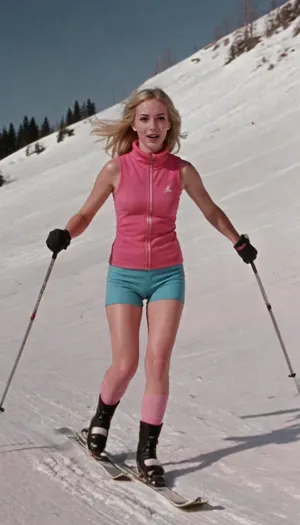 A young Scandinavian woman with blonde hair and freckles, 20 years old, naked, very skinny, skinny face, athletic, pale skin, high cheekbones, full body view, on skis, wearing a 1960's marine blue, (sleeveless), body warmer with pink zipper, zipper half open, ((wearing pink shorts)), jumping over a hill on skis, freestyle skiing, downhill skiing, fast skiing, snowy alpine landscape, spray of powder snow behind her, moving fast, wind in her hair, RAW candid cinema, 8mm, ultra realistic, textured skin, remarkable detailed pupils, realistic dull skin noise, visible skin detail, skin fuzz, dry skin, shot with cinematic camera, 4k ultraHD, retro, vintage, 1960s, <lora:retro vintage 8mm SDXL Lora:.8>