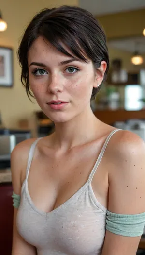 1girl cute tall very busty american woman, 23 years old, green eyes, black hair, pale, tanlines, huge boobs, cum on tits, big cock, cum on face, slim, high detailed skin, 8k uhd, dslr, high quality, detailed skin texture, highly detailed hair, sharp body, highly detailed body, realistic, soft focus, insanely detailed, highest quality, freckles, skin pores, skin imperfections, shirt lift, pixie cut, in a cafe, full body view, seductive, glowing hair, sexy legs, high resolution photography on a canon camera, friendly, flirty