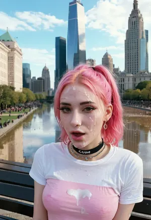 young 18 years old slender egirl sitting on a bench, surprised face, pink hair, (phone in hand), cute tall face, (bright egirl makeup:1.2), (City Park), (a lot of cum on face:1.6), (view from above:1.2), (youth clothing style, e-girl style, tight T-shirt, choker, jewelry, bracelet on the wrist:1.2), bright sunny day, big city in the background, skyscrapers in the background, cinematic style, <lora:JustCum:.5>, <lora:MS_Real_XL_Bukkake:.5>