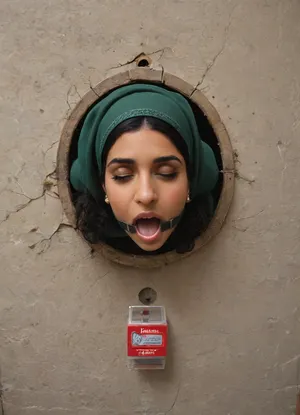 (glory wall:1.2), (bust and head sticking out of vending machine:1.3), (muslim turkish girl trapped in hole in wall:1.5), (stuck in wall up to waist:1.3), (dark green cashmere pullover:1.1), (wide mouth spreader ring gag:1.2), alone, (from side), (leaning forward:1.4), horny, happy, eyes closed, (free standing metal box, vintage vending machine:1.1), (box is low mounted, close to floor), (score_9, score_8_up, score_7_up, UHD 8K, masterpiece, best quality, maximum details, natural light, extreme realism, cinematic still)