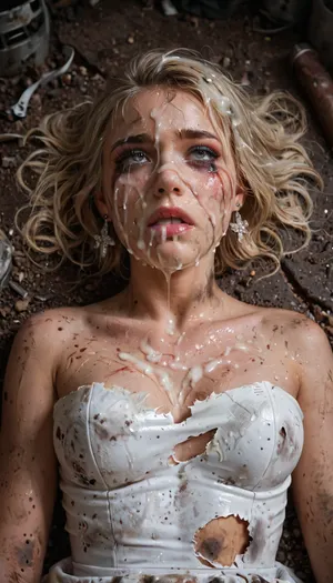 best quality, ultra detailed, masterpiece, 8k uhd, dslr, high quality, sharp body, highly detailed body, (realistic), white blonde girl beautiful figure crying, makeup stains, she sweats a lot, dressed in a sexy white dress that was torn, lying unconscious in a dirty abandoned building, her body and clothes are dirty, she was just brutally gang raped, Cum on girl, cum all over face and hair, covered in thick cum, Homeless man, bukkake, cum, <lora:MS_Real_XL_Bukkake:.8>