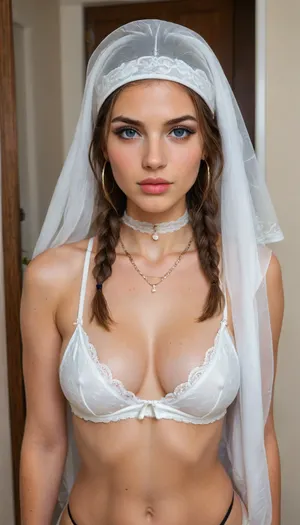 In this photo, the woman is indoors, upper body, (from the knee shot in what appears to be a modern, minimalistic room with white walls and sliding closet doors in the background. She is dressed in a creative and eye-catching outfit that blends streetwear with a bit of costume flair.

She is wearing a black satin headscarf, (or durag), that covers her head, with long, straight brown hair flowing out from underneath. Two thin front braids, each adorned with golden beads or charms, frame her face and add a unique detail to her hairstyle.

Her makeup is bold and well-defined, with striking eye makeup that includes smoky tones and long lashes, giving her gaze intensity and focus. She wears large hoop earrings and several layered necklaces, including a choker and a rectangular pendant.

Her top appears to be a white, textured piece with thin straps, and she has a confident, composed expression as she looks directly into the camera. The lighting is soft and natural, emphasizing her features and giving the image a warm, slightly intimate tone.

Her bottom is just a thong, breasts, big, boobs, huge, tits, <lora:EnvyBetterHiresFixXL01:.8>, <lora:bombshell_v2:.8>)