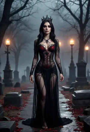 A seductive spider queen rising from an ancient graveyard, her body wrapped in glistening black web strands that shimmer under the moonlight. She stands barefoot on cracked tombstones, with long flowing dark hair, glowing red eyes, and a crown made of twisted bone and spider legs. Tombs and dead trees surround her, and ghostly webs stretch between crosses. Mist rolls over the ground, and tiny glowing spiders crawl along her arms. Gothic horror style, sexy and dark atmosphere, cinematic moonlight, ultra