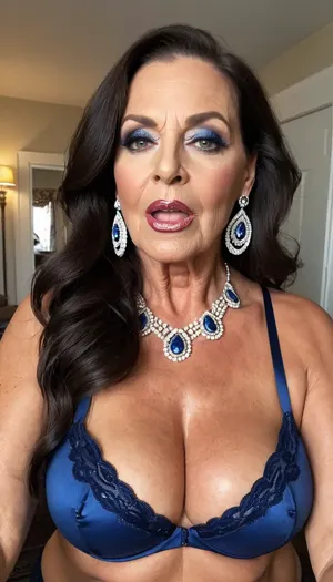 old granny mature, sexy 70 years, dark brunette, long wave hair, tan skin, very glamour, huge hoop earrings, necklace, heavy make up, very strong blue make up on eyes, very chubby curvy, tiny little tits, at the fancy room, selfie face focus, looking at the camera, sexy naught orgasm screaming cum face, charming, very hot and horny, blue/white sexy bra lingerie