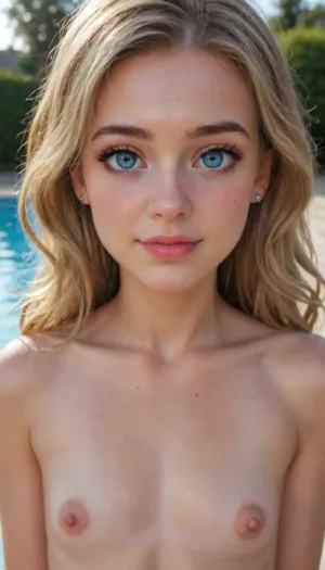 (Intricately detailed), 4K, (UHD), (HDR), poolside, (small frame 18yo, cute young adult, flat chested, nude, innocent face, young face, (makeup), gorgeous soft blonde hair, blue eyes, close up, very bright lighting, focus face and tits, sexy face, happy, excited eyes), flat, chested, <lora:flat_chested_v3.5:.8>