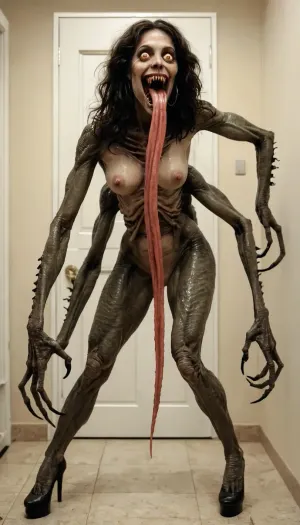 Photo, real photo, professional photo, a scary monster woman standing in a room posing seductively, (four arms), long arms, sharp claws, long tongue, huge mouth, sharp teeth, long scary teeth, ((female monster:1.7)), scary, horror, erotic horror, nude woman, only one monster, whole body visible, she is a scary monster, she has four arms, solo, ((slight subtle seductive smile)), high heels