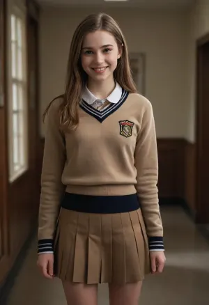 (masterpiece, best quality, high resolution, photorealistic, cinematic lighting), 1 young woman, white skin, very cute, excited smiling face, (light-brown hair), long hair, straight hair parted down the middle, skinny, short waist, petite, anorexic, (wearing a high school uniform sweater), (wearing a high school uniform skirt), portrait from the waist up
