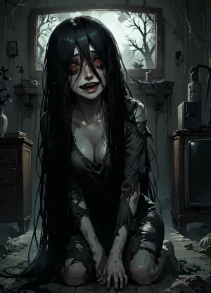 score_9, score_8_up, score_7_up, score_6_up, (animated, 2d, anime style), (((Sadako Yamamura))), 1girl, solo, long hair, black hair, very long hair, (mess hair), torn clothes, impossible clothes, hair over eyes, torn dress, grey skin, impossible dress, yamamura sadako, hair over one eye, (((yandere, psychosis, possession, dangerous, crazy, psycho))), blush, (heavy breathing), steam, (bags under eyes), night, television, sweat, head tilt, smile, (wavy mouth), cleavage, (huge veiny breasts, saggy), ((full body)), (night, dark room), (red glowing eyes), (((on all four, crawl from tv))), glitches, lean forward, (gothic style, dark theme, low light, cold colors, nightmare, horror), (<lora:Concept Art DarkSide Style LoRA_SeaArt Furry XL 1.0:2>)