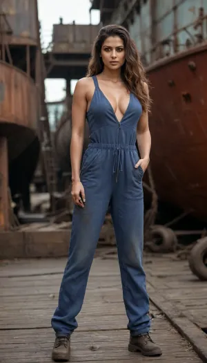 A very beautiful Indian tall sexy woman, ((muscular)), witch woman, full body view, ((((wearing a dirty worker jump suit)))), photoshoot, ((big round boobs)), rounded ass, long wavy hair, thick thighs, ((sweaty body)), wide hips, body wrapped with lot of metal chains, flirty, standing on a deck of a old broken ship, seducing workers in the shipyard, surrounded by workers in the shipyard