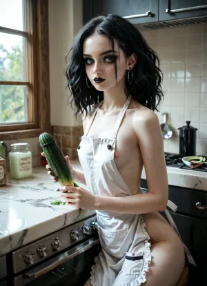 Skinny Pale goth woman sitting on kitchen counter only wearing apron, holding and staring at a cucumber, pale, skin, <lora:ahxl_v1:.8>, <lora:Pale_Skin_SDXL_v1.0:.9>