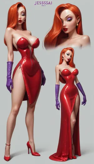 zip2d, SK_Comic, SK_DigitalArt, (score_9, score_8_up, score_7_up), (perfect eyes), (Jessica Rabbit:1.6), (incase, style of incase:.8), (concept art, character concept art, multiple angles, character sheet, multiple poses), (sharp focus, focus on eyes, full shot), (profile shot, standing sideways, emphasize curves, side-eye), (large breasts, perky breasts, wide hips, big ass, (tiny waist:1.6), voluptuous:1.2), (flirty, seductive, strutting), (vibrant red hair, elegant hair, glossy hair), (tight red dress, glittering dress, high slit dress), (elegant gloves), (heavy violet eyeshadow, long eyelashes, vibrant red lipstick), (posing on stage, stage lighting, spotlighting, burlesque:1.2)