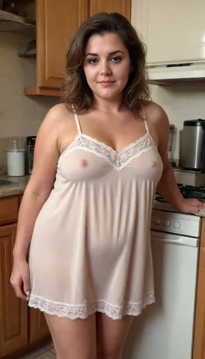 old cute charming granny, sexy 65 years, brunette, medium hair, tan skin, after sleep, messy hair, at the kitchen, wide hip, big culottes, fat bbw chubby, very tall, long legs, thick legs, extreme small tiny boobs, very tiny little tits, selfie, full body view, looking at the camera, sexy cute in love face, very cute an charming, very sexy short nightgown, nightgown sexy lingerie