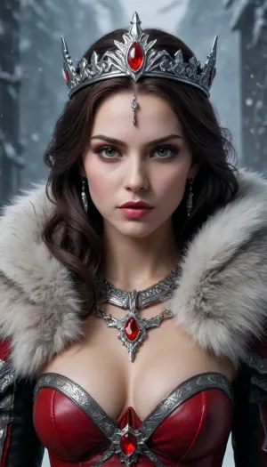 The Iceblood Queen

In the shadow of the Frostfang Mountains, where blizzards howl like wolves and men vanish into the snow, there reigns a woman whispered of in both awe and dread — Queen Seraphyne of the Iceblood Throne.

Draped in leather forged from direwolf hide and crowned with crimson jewels carved from the heart of a dying volcano, Seraphyne is no ordinary monarch. She is beauty and raw sexuality. Her rule was not inherited — it was taken. With blade and cunning, she overthrew the warlords of the north, uniting clans that had warred for centuries. Legends say the blood-red stones she wears are bound with the magic of her fallen enemies, each one pulsing when danger draws near.

But it is not conquest that drives her now — it is vengeance.

The Empire of Eldrath, nestled far beyond the peaks, once sent assassins to end her bloodline. They failed. Now, she rides at the head of a growing storm, her breath turning to frost, her army clad in iron and furs. With every step she takes, the world remembers, Winter is not a season. It is a woman.

And she is coming. Her sexual beauty, her beautiful exposed breasts defy man.
