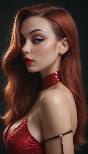 zip2d, SK_Comic, SK_DigitalArt, (score_9, score_8_up, score_7_up), (perfect eyes), (Jessica Rabbit:1.6), (incase, style of incase:.8), (concept art), (sharp focus, focus on eyes, face portrait), (profile shot, standing sideways, side-eye), (flirty, seductive, strutting), (vibrant red hair, elegant hair, glossy hair), (tight red dress, glittering dress), (elegant gloves), (heavy violet eyeshadow, long eyelashes, vibrant red lipstick)