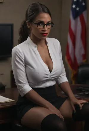 lying down, looking at the viewer. Sexy smile with red lipstick. Sitting on the Oval Office desk, sexy pose. She has Brown nipples., (((she has massive huge saggy tits.), thin white collard unbuttoned shirt, showing alot of cleavage. pulled up sexy black skirt., ((she is a dark tanned skin, Puerto Rican, 26-year-old., ((black thigh high stockings)), ((big glasses)), ((ponytail hair.)), American Flag.)))), ohwx, woman, AOC, <lora:aoc-sdxl-8:2>, <lora:AOC-000055:2>, <lora:dark:.8>
