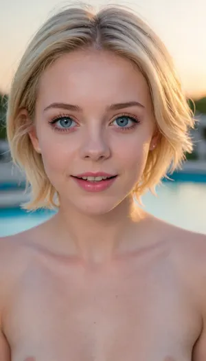 (Intricately detailed), 4K, (UHD), (HDR), poolside, (small frame 18yo, cute young adult, flat chested, nude, innocent face, young face, (makeup), gorgeous soft blonde short hair, blue eyes, close up, pale skin, very bright lighting, hard puffy nipples, focus face and male flat chested tits, sexy face, happy, excited eyes), flat, chested, <lora:flat_chested_v3.5:.8>