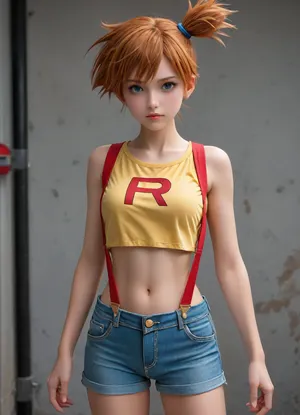 Misty Team Rocket pokemon, boobs, scratched clothes, misty_\, (pokemon\), side_ponytail, navel, suspenders, denim_shorts, midriff, poke_ball_\, (basic\), bare_shoulders, short_shorts, <lora:misty_(pokemon):.8>
