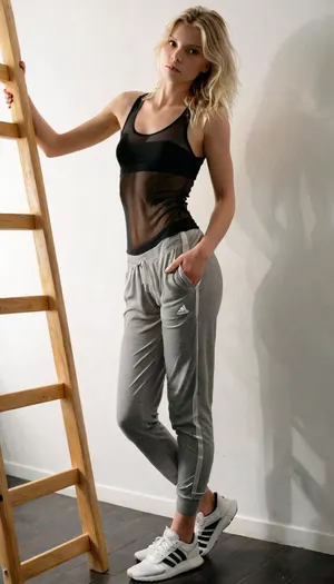A photograph of a Caucasian woman with a slim build and shoulder-length, tousled blonde hair. She wears a sheer, black mesh tank top that reveals her small breasts and light grey sweatpants, with one hand in her pocket. She's also wearing white Adidas sneakers. The setting is a minimalistic white studio with a wooden ladder to her right and soft lighting creating gentle shadows, <lora:xl_more_art-full_v1:.8>