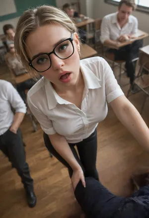 people in classroom, girl with glasses standing by chair, short blonde pixie hair, sitting on chair with bulge in pants, innocent looking, open mouth slightly, 20 years old, shiny wet lips, very big pointy breast, big areola, make up, ((black leather pants)), ((great angle of view)), masterpiece, professional lightnig, <lora:Thigh_gap_SDXL:1.1>