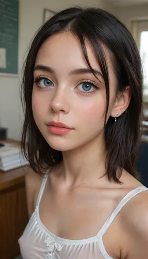(Very young girl:1.9), ((Close-up girl)), (((upper body))), ((Gorgeous girl)), (detaled big eyes), front view, (((18 year old))), British female, beautiful slender body, medium breasts, perfectly shaped small ass, (((very straight long Black hair))), Bangs, Gorgeous elongated oval shaped face, (((makeup))), eye liner and eye shadow, eyelashes, beautiful aroused smirk, (wearing a low cut white blouse, wearing a black skirt, black thigh high nylon stockings:1.3), (she is seductively posing in front of an office desk), location is in a classic office room, full body view, soft lighting, ((erect nipples))