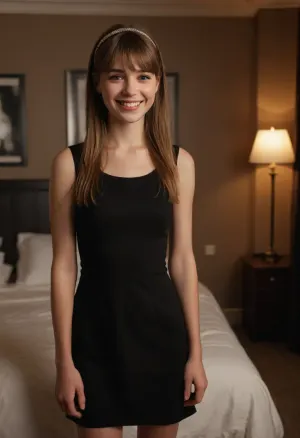 (masterpiece, best quality, high resolution, photorealistic, cinematic lighting), 1 young woman, standing, white skin, very cute, excited smiling face, (light-brown hair), long hair, straight hair parted down the middle, bangs, headband, skinny, short waist, petite, anorexic, (wearing a tight black A-line dress), in a luxurious penthouse bedroom, portrait from the waist up