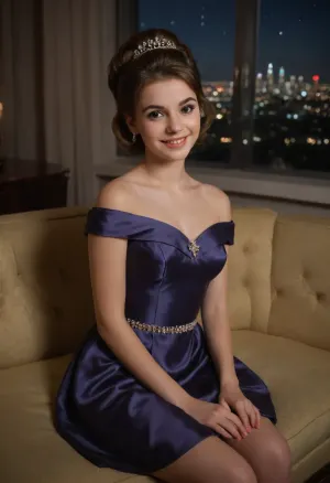 (masterpiece, best quality, high resolution, photorealistic, cinematic lighting), 1 young woman, white skin, (sitting demurely on a couch), very cute, happy smiling face, (mousy brown hair), medium length hair, (fancy up-do hairstyle), skinny, short waist, petite, (wearing an off the shoulder satin prom dress), (1960s style:1.5), in an extravagant penthouse, marble floors and decorations, couches, chairs, windows looking over a city skyline, midnight, stars, moonlight, <lora:ahxl_v1:.6>