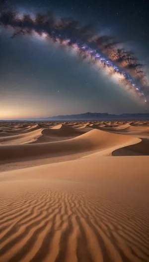 4K cinematic shot of a vast desert under a starry sky. The sand dunes stretch into the distance, casting soft shadows in the moonlight. The Milky Way arches above in stunning clarity. A gentle wind moves the sand subtly. The camera slowly pulls back to reveal the vastness and solitude of the scene — ultra-realistic textures, dramatic lighting, peaceful and infinite atmosphere.