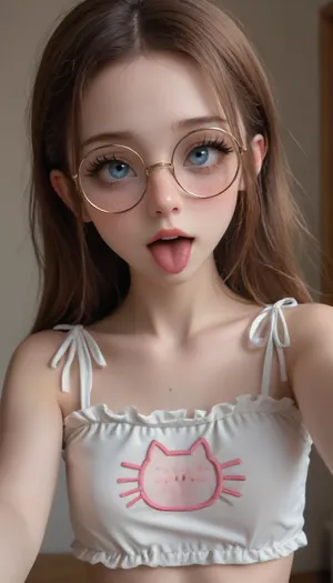 young gorgeous jewish girl, freckles on face, (skinny), (big space eyes), (((big long eyelashes)), alone, (18 years old:1.5)), (perl white skin:1.5), pretty barely legal face, (smokey eyes makeup), (cat lingerie), (((big thin round nerd glasses))), ((selfie, 3/4 view, ahegao)), big round eyes, (((small tits, small hand, small arms))), (childlike), (maximum photo quality:1.4), (ultrarealistic photo:1.4), (maximum realism:1.4), (maximum resolution:1.4)