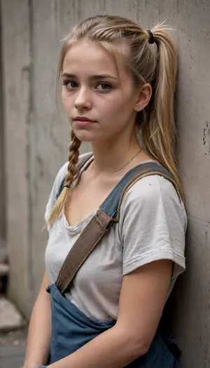 dirty homeless woman beautiful blonde 18 years old with ponytails woman, lewddungeon, background walls, breastclamp, <lora:breastclamp_SDXL_reg0_03s:.5>