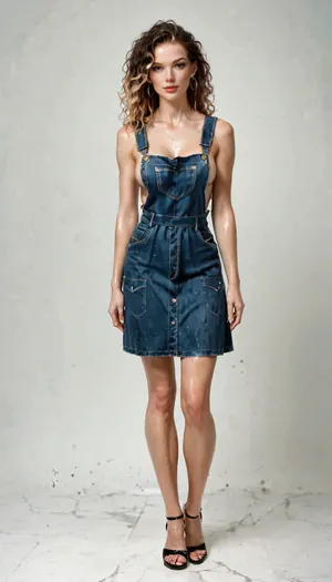 German Young Woman, Very small tits, black string thong, full Body View, no bra, blue pinafore dress