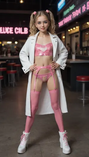 Super realistic, super detailed, (young:3), (very petite girl), blonde micro twintails, big glasses, (very very bright blue eyes), long hair, curls, white pink fishnet stockings, white lace crotchless panties, (pink cat lingerie), visible pussy, white waist belt, naked breasts, white high-heeled boots, pink latex garter belt, (long white latex coat unbuttoned), spread legs, hands on hips, ironic smile, pink latex corset, looking straight ahead, night club bar, neon lights, full body, openblouse, (high heel platfrom sneakers)