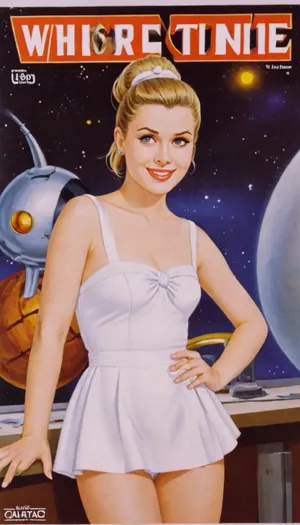magazine white cover, fantastic, stars, moons, space, comets, retrofiturism, 8k, UHD, retro, widely, smiling, russian blonde, magazine cover, petite body, hair bun, beautiful blonde 18 years old with petite woman, posing, two white bows, black dress, white apron, soviet schoolgirl, white lingerie, white high boots, high heels, background white walls, Whore, poster, style, of, kachanov, soviet, cartoon, VintageMagStyle, <lora:206390_training_data:.8>, <lora:kachanov_style:.8>, <lora:SDXL-VintageMagStyle-Lora:.7>, <lora:Old_Sci-fi-SDXL:.8>
