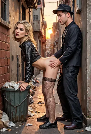 (40-year-old milf fucked by a group of men between garbage bins), vaginal sex, doggy sex, hardcore sex, petite figure, small breasts, long blonde hair, tight colorful punk clothing, multiple men penetrating her, filthy garbage bins, side alley, multiple penetration, evening, sunset, lustful expression, men with long penises, photorealistic, amateur-style smartphone photo, side view, gritty urban setting, scattered trash, dim streetlight, high detailed skin texture, fishnet stockings, dynamic poses, full body in frame, intense scene, detailed face, detailed eyes, <lora:SDXLHighDetail_v6-000005:1>
