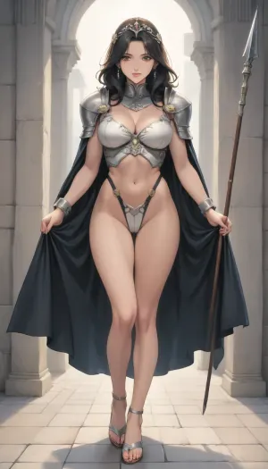 (Fool's art style), (ai_generated anime_style:1.4), official art, anime style, (2d flat_colors:1.8), hard_outline, strong_outline, clear black outline, sexy pose, score_9, score_8_up, score_7_up, mature woman, (beautiful woman standing holding in hand the standing spear:1.4), posing, the other hand resting on her hip, white skin, oily skin, muscular athletic body, sculpted muscles, naked, round breasts, wide hips, narrow waist, high-strapped, black hair, traditional Greek high female hairstyle, golden tiara on her head, head slightly tilted to the side, sensual smile on her face, seductive smile, blush on her face, wearing black chiton and black cape, silver shoulder pads, silver anatomical breastplate, chest armor, chainmail, black pterygiums on the belt, sandals on her feet, calves are wrapped with straps crosswise, around her a Greek temple with white columns illuminated by the sun is around her, anatomy correct fingers, perfect fingers, style anime, inspired illustration, style oda_non, style homare, looking at viewer, dynamic camera, hard shadows, backlite, tight shot, full body shot, face focus, front view, <lora:cartoon_stickers_xl_v1:.8>, <lora:AnimatedNightmaresStyle:.8>, <lora:style61-a31-000015:2>, <lora:EnvyStylizedXL01:1.2>