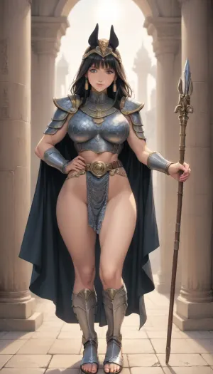 (Fool's art style), (ai_generated anime_style:1.4), official art, anime style, (2d flat_colors:1.8), hard_outline, strong_outline, clear black outline, sexy pose, score_9, score_8_up, score_7_up, mature woman, (beautiful woman standing holding in hand the standing spear:1.4), posing, (the other hand resting on her hip), white skin, oily skin, muscular athletic body, sculpted muscles, naked, round breasts, wide hips, narrow waist, high-strapped, black hair, traditional Egypt high female hairstyle, golden ancient egypt tiara on her head, head slightly tilted to the side, sensual smile on her face, seductive smile, blush on her face, ancient egypt style, wearing black chiton and black cape, golden shoulder pads, golden anatomical breastplate, (chest armor, chainmail, black pterygiums on the belt:1.4), (sandals on her feet, silver greaves:1.4), around her a ancient Egypt temple with white columns illuminated by the sun is around her, anatomy correct fingers, perfect fingers, style anime, inspired illustration, style oda_non, style homare, looking at viewer, dynamic camera, hard shadows, backlite, tight shot, full body shot, face focus, 3/4 view, <lora:cartoon_stickers_xl_v1:.8>, <lora:AnimatedNightmaresStyle:.8>, <lora:style61-a31-000015:2>, <lora:EnvyStylizedXL01:1.2>