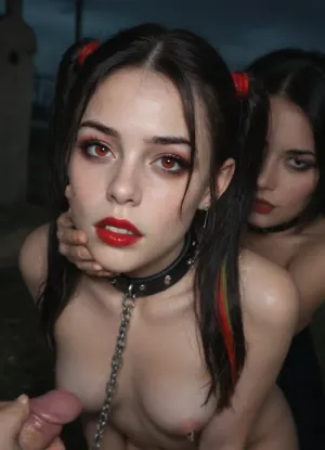 (((two 18 year old vampire girls))), neck bitting, midevil, glowing red eyes, black eyeshadow, sad face, closed mouth, one with black hair with rainbow hair, pigtails, red lipstick, blood dripping out of the corners of the mouth, vampire, vampire teeth, K-9 fangs, in a dark graveyard, bound in chains, nipple rings, earrings, doggie collar, pale skin, pale, skin, perfect tiny breasts, <lora:Pale_Skin_SDXL_v1.0:.8>, Subspecies, style, <lora:Subspecies style:.8>, EdobVampWoman, <lora:EdobVampWoman_XL_v1.0:.8>, Object, gd, erection, sex, toy, penis, large, <lora:Penis_XL:.8>