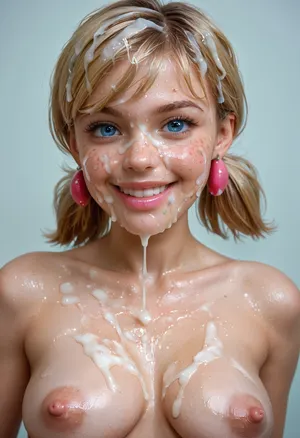 28 year old, close face and body shot of her excessive bukkake, eyes half open, realistic skin with pores and freckles, happy and orgasmic grin, hd Pastel blue eyes and detailed iris, short perfect ponytails in wet hair, head tilted to side and shyly looking away from viewer, cumshots, facial portrait picture of her from 6ft distance away, face in cum facial, with natural minimal makeup, (a lot of Cum on her face, cum on her eyelashes, Cum dripping off puffy erect nipples, Cum on her eyelid, Cum on her cheek skin, her face wet with Cum, Cum on her pink lips. cum on her hair, cum dripping from face between her breasts), (wide_set perky medium saggy breasts), (large puffy areola), (thick puffy erect cold nipples), woman, cum, on, face, ((blonde marinette)), <lora:JustCum:1>, <lora:add-detail-xl:1>