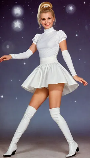 magazine white cover, bright, fantastic, stars, moons, space, comets, robots, retrofiturism, 8k, UHD, retro, widely, smiling, russian blonde, magazine cover, petite body, hair bun, beautiful blonde 18 years old, petite thin body, posing, white dress, white apron, soviet schoolgirl, (((white high boots:1.5))), high heels, poster, VintageMagStyle, hhpointedboots, boots, repa, funtika, <lora:206390_training_data:.8>, <lora:SDXL-VintageMagStyle-Lora:.7>, <lora:Old_Sci-fi-SDXL:.8>, <lora:993503_training_data:1.6>, in, the, style, of, kovalevskaya, <lora:kovalevskaya_bm_sdxl:.8>