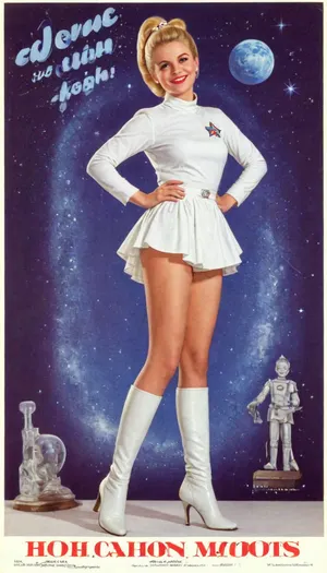 magazine white cover, bright, fantastic, stars, moons, space, comets, robots, retrofiturism, 8k, UHD, retro, widely, smiling, russian blonde, magazine cover, petite body, hair bun, beautiful blonde 18 years old, petite thin body, posing, white dress, white apron, soviet schoolgirl, (((white high boots:1.5))), high heels, poster, VintageMagStyle, hhpointedboots, boots, repa, funtika, <lora:206390_training_data:.8>, <lora:SDXL-VintageMagStyle-Lora:.7>, <lora:Old_Sci-fi-SDXL:.8>, <lora:993503_training_data:1.6>, <lora:mgl_Soviet_New_Year_Postcards-000029:.8>