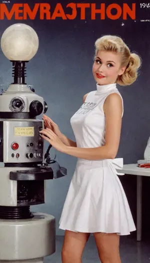 magazine white cover, bright, fantastic, stars, moons, space, comets, robots, 50's, retrofiturism, 8k, UHD, retro, widely, smiling, russian blonde, magazine cover, petite body, hair bun, beautiful blonde 18 years old with petite woman, posing, white dress, white apron, soviet schoolgirl, white high boots, high heels, poster, VintageMagStyle, hhpointedboots, boots, <lora:206390_training_data:.8>, <lora:SDXL-VintageMagStyle-Lora:.7>, <lora:Old_Sci-fi-SDXL:.8>, <lora:993503_training_data:1.6>, soviet, cartoon, style, of, popov, <lora:popov_style_sdxl:.8>