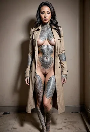 woman, ASIAN Female, 35 year old SUPERMODEL, very long greying hair, muscular, long legs, Tall, Slim, toned body, ripped body, perfect large perky breasts, sweaty oily skin, toned hard body, stern face, muscular arms, ((second world war trench coat)), (HEAVILY TATTOOED ARMS), SEXY POSE, VERY BROAD SHOULDERS, SLIM HIPS AND WAIST, PEFECT LIPS, PERFECT NOSE, <lora:uberfit_lora_sdxl:.5>, <lora:PerfectEyesXL:.5>, <lora:DarTataBodGPlus:.1>