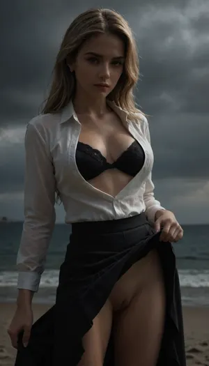 beach, professional photography, high quality, artistic, soft, romantic atmosphere, beautiful thin blonde woman secretary, unbuttoned white shirt, bra, show pussy, upskirt, storm, long skirt, (((windyskirtlift))), undressing, detailxl, windyupskirt, <lora:dark:2>, <lora:windyupskirt_SDXL:2>, <lora:PrgXL_V1:1.9>