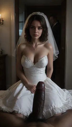 (POV of an giant black man with large oily black penis standing in the doorway near the cuckold Groom and bride), (((The white cuckold man is To take out bride's dress and he is inviting))), a Curvy Caucasian bride in a beautiful white slutty and cutout wedding dress sitting on a luxurious bed, ((white cuckold groom in a suit gently hugging her)), sitting on bed, (both looking at each other lovingly), soft candlelight and moonlight glowing in the room, rose petals scattered around, dreamy and intimate atmosphere, fantasy style, highly detailed, A romantic bedroom scene, cinematic lighting, romantic_couple_poses, <lora:dark:.5>, <lora:1365620_training_data:1>
